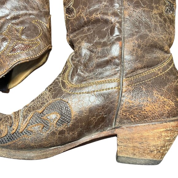 Corral Cowboy Boots Brown Exotic Goat Lizard Inlay Leather Pointed Snip Toe 8.5M - Picture 3 of 15